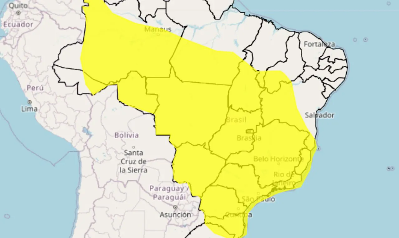 O mapa mostra &agrave;s &aacute;reas em alerta amarelo para chuva intensa